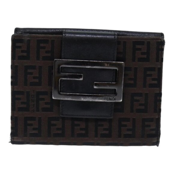 FENDI Zucchino Canvas Wallet Brown Silver Auth - Picture 1 of 15